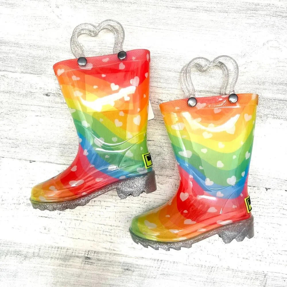 Western Chief Rain Boots Toddler Girls Size 5 Rainbow Heart Waves Light Up